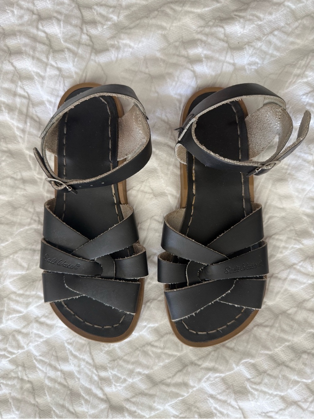 Salt Water Black Leather Kids Strappy Sandals